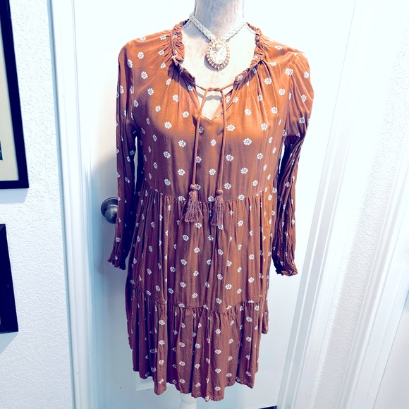 DIP Eco Friendly Brown Floral Tassel boho Tiered Long Sleeve Dress - Sz medium - Picture 1 of 5